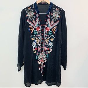 JOHNNY WAS Black Embroidered Long Sleeve Henley Tunic Dress, Large